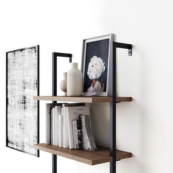Theo 73 in. Matte Black Reclaimed Oak Wood 5-Shelf Ladder Bookcase with Black Metal Frame