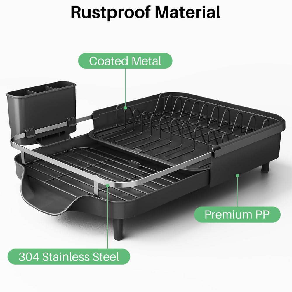 Black Stainless Steel Expandable Dish Rack with Utensil Holder