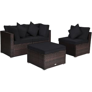 4-Piece Wicker Patio Conversation Set Garden Rattan Furniture Set with Black Cushions and Ottoman