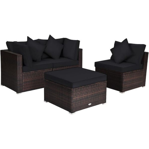 Clihome 4-Piece Wicker Patio Conversation Set Garden Rattan Furniture Set with Black Cushions and Ottoman