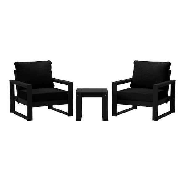 Endless Outdoor 3-Piece All Weather Black HDPE Plastic Deep Seating Patio Lounge Chair Conversation Set, Black Cushions