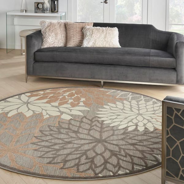 Aloha Natural 8 ft. x 8 ft. Round Floral Modern Indoor/Outdoor Patio Area Rug