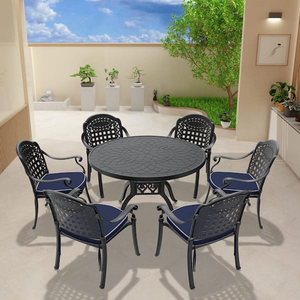 Willit Isabella Black 7-Piece Cast Aluminum Outdoor Dining Set with 47.24 in. Round Table and Blue Cushions