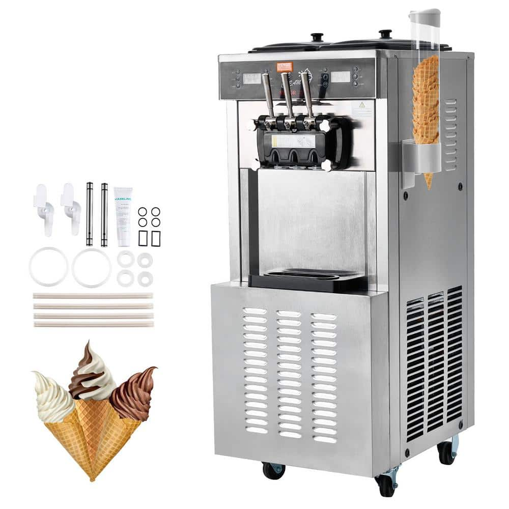 VEVOR Commercial Soft Serve Ice Cream Machine 3400W 19 qt. Hopper Ice Cream Maker Silver 34-44 L/H Yield 3-Flavor Freestanding