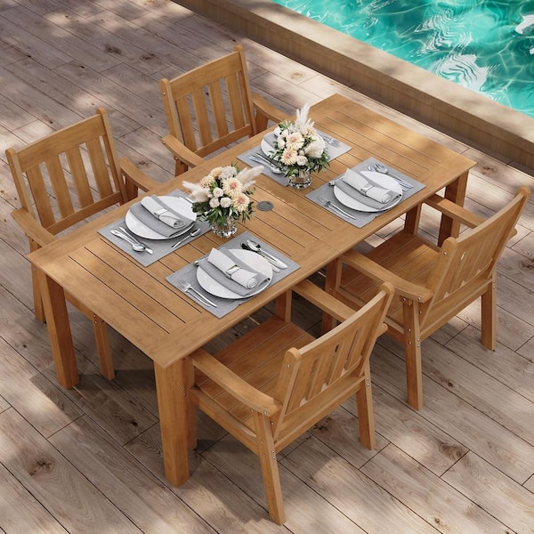 5-Piece Teak Plastic Outdoor Patio Dining Set with Arm Chairs