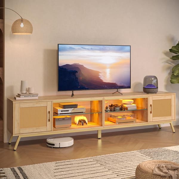 Bestier 80 in. Modern TV Stand with Storage Cabinets and 2 Rattan Doors for TVs up to 85 in. Entertainment Cen in Natural Oak