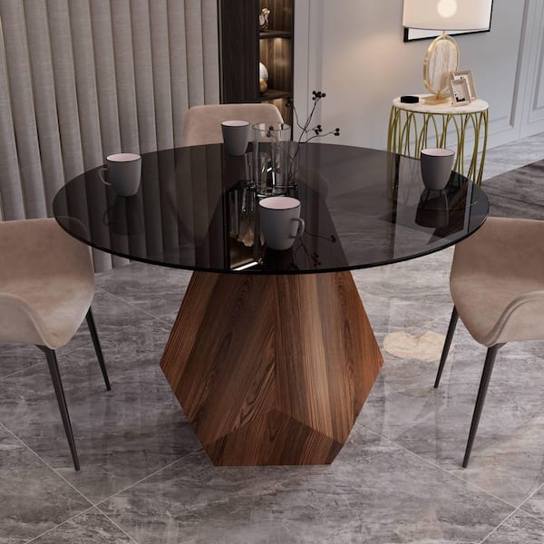 Nebo Modern Dining Table in Walnut Base with Black Glass Table Top