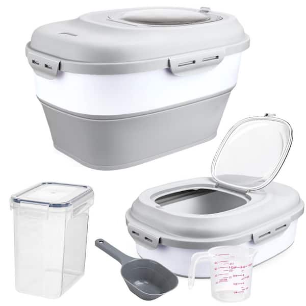 Unbranded Collapsible Rice and Pet Food Storage Bin with Wheels Transparent Lid and Measuring Cup White 13-50 lb. Capacity