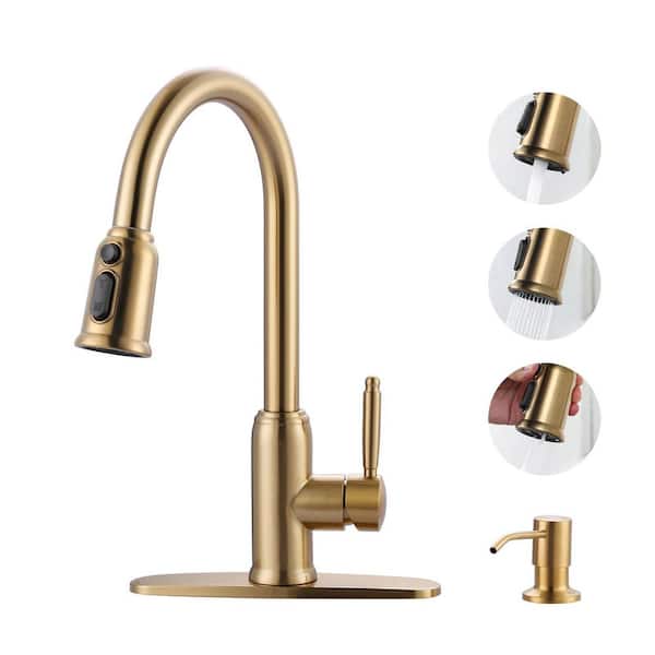 WOWOW Elegant Stainless Steel Single-Handle Pull Down Sprayer Kitchen Faucet with Soap Dispenser in Gold