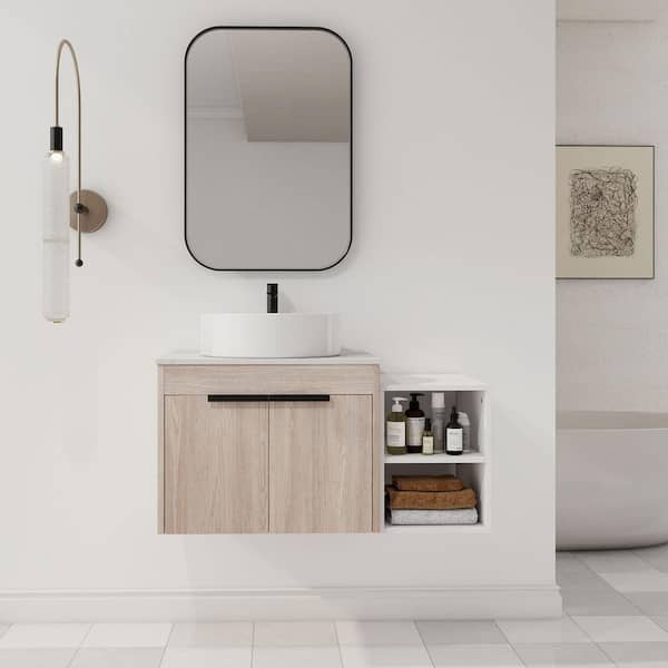 24 in. W Floating Bath Vanity in White Oak with White Ceramic Basin Top in White with Sink and Storage Shelves