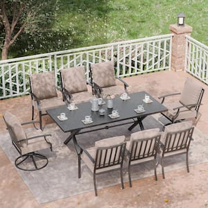 10-Piece Metal Patio Outdoor Dining Set with Swivel Chairs, Rectangular Table, Double-Sided Umbrella and Sand Cushion