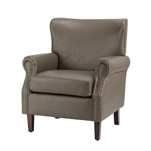 Enzo Traditional Comfy Vegan Leather Solid wood Legs Armchair with Nailhead Trim For Livingroom and Office - Grey