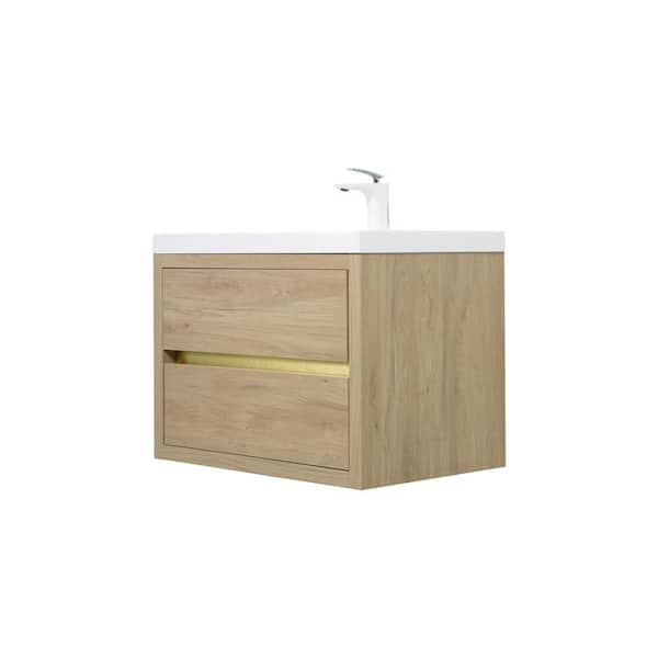 Haven 29.5 in. Modern Floating Natural Oak Bath Vanity with White Resin Top, Drawers