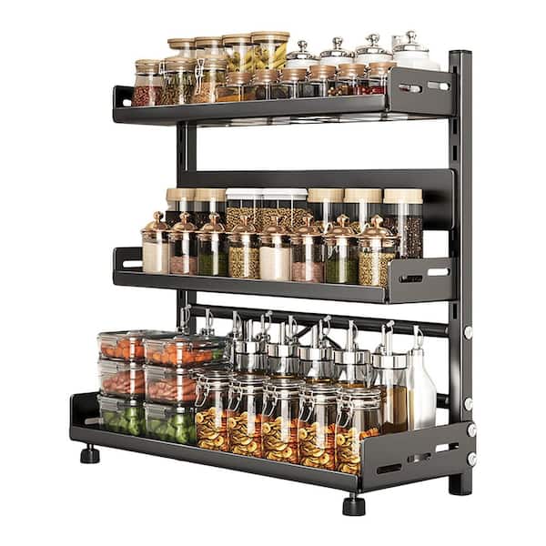 3 Tier Black Countertop Height Adjustable Metal Spice Organizer for Cabinet or Kitchen Standing Storage Shelf
