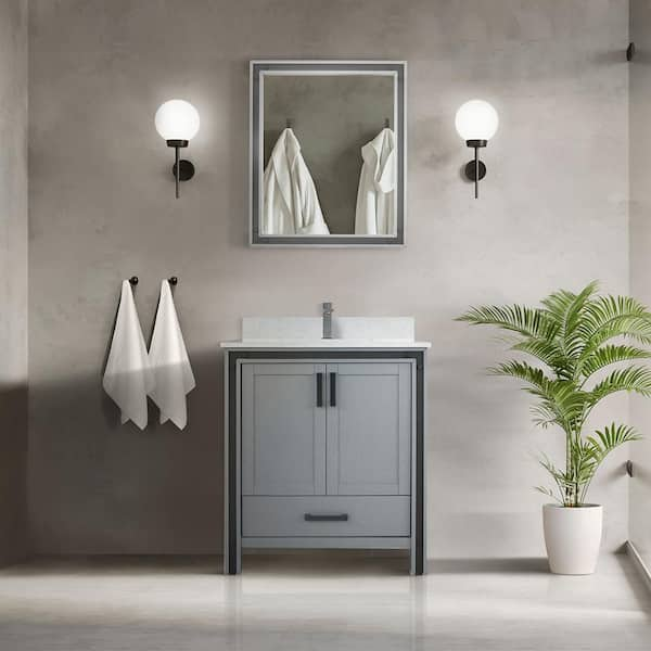 Ziva 30 in W x 22 in D Dark Grey Bath Vanity, White Quartz Top, Faucet Set  and 28 in Mirror