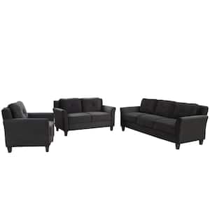 74.8 in Wide Flared Arm Polyester Modern Rectangle Motion Sofa in Black Set with Loveseat and Armchair