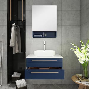 Lucera 30 in. W Wall Hung Bath Vanity in Royal Blue with Quartz Sink Vanity Top in White with White Basin