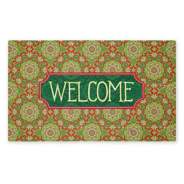 Green Fractal Kaleidoscope Welcome Green 18 in. x 30 in. Polyester Non-Slip Outdoor Door Mat