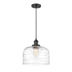 Bell 1-Light Matte Black Bowl Pendant Light with Clear Deco Swirl Glass Shade