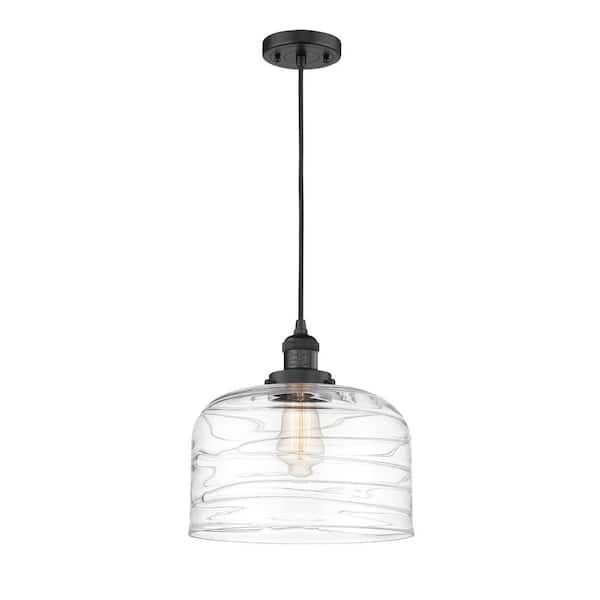 Innovations Bell 1-Light Matte Black Bowl Pendant Light with Clear Deco Swirl Glass Shade