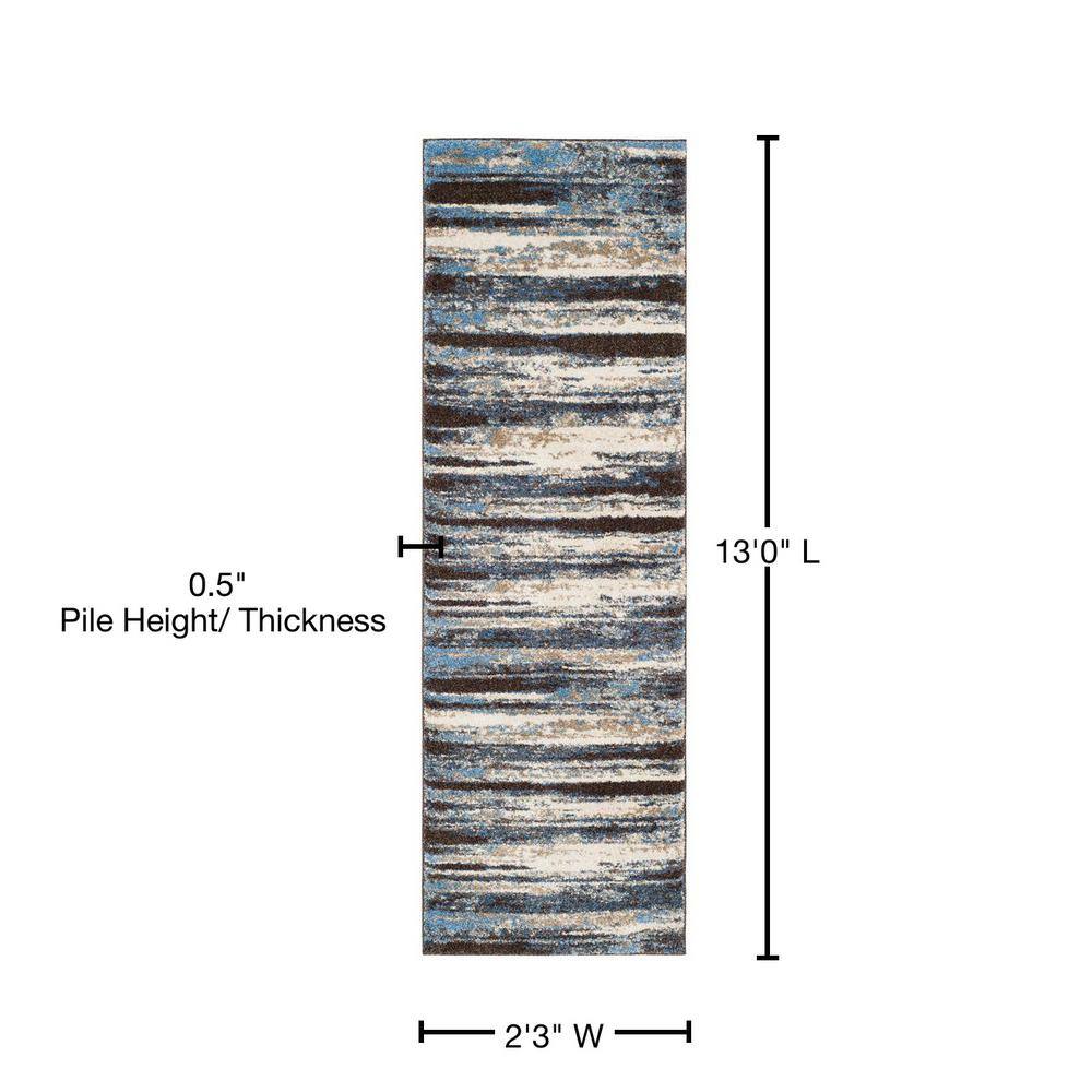 Retro Blue and Cream Abstract Synthetic Runner Rug