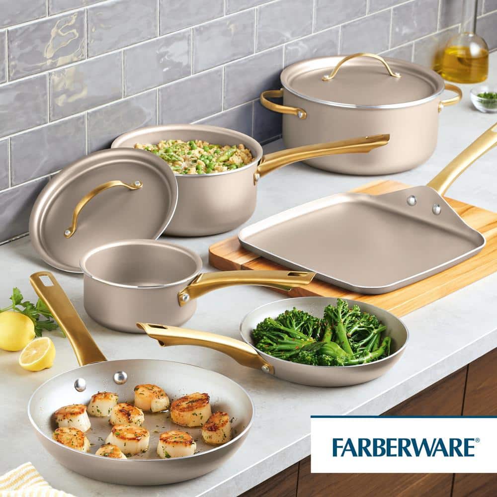 Champagne Nonstick Aluminum Cookware Set with Gold Handles, 12 Piece