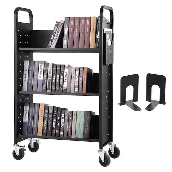 SKYSHALO Book Cart 330 lbs. Library Cart 31 x 15 x 49 in. Single Sided V-Shape Sloped Shelves with 4 in. Lockable Wheels in Black