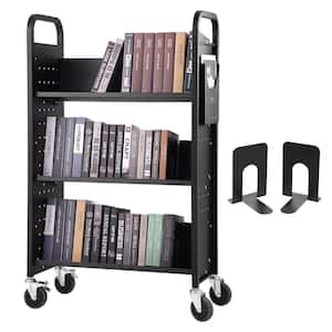 Book Cart 330 lbs. Library Cart 31 x 15 x 49 in. Single Sided V-Shape Sloped Shelves with 4 in. Lockable Wheels in Black