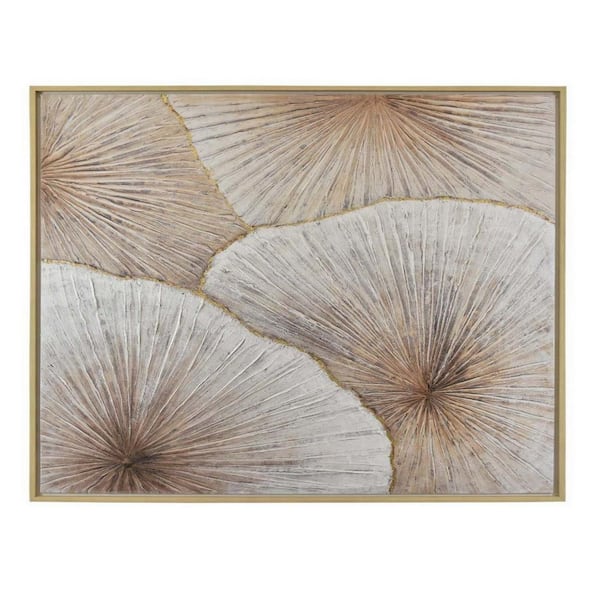 Benjara White, Gold and Gray Wooden Framed Abstract Leaf Canvas Oil Painting Wall Art