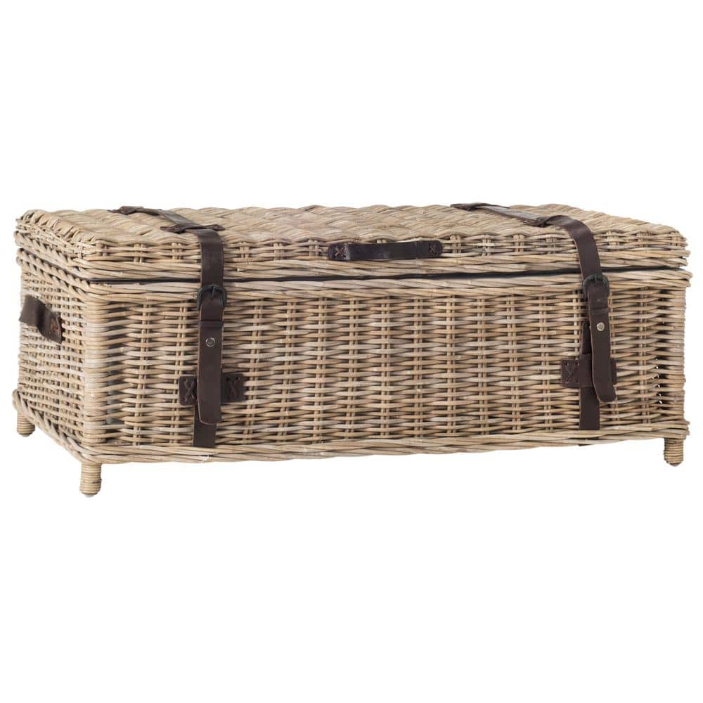 Transitional Gray Wood Storage Trunk Coffee Table with Faux Leather Straps