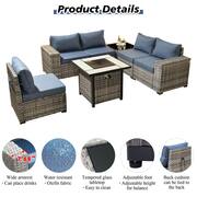 Tahoe Grey 7-Piece Wicker Wide Arm Outdoor Patio Conversation Sofa Set with a Fire Pit and Denim Blue Cushions