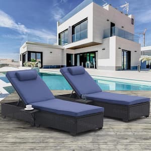 PE Rattan Wicker Outdoor Patio Lounge Chair for Pool Lounge Area with Tilt Adjustable Backrest and Blue Seat Cushion
