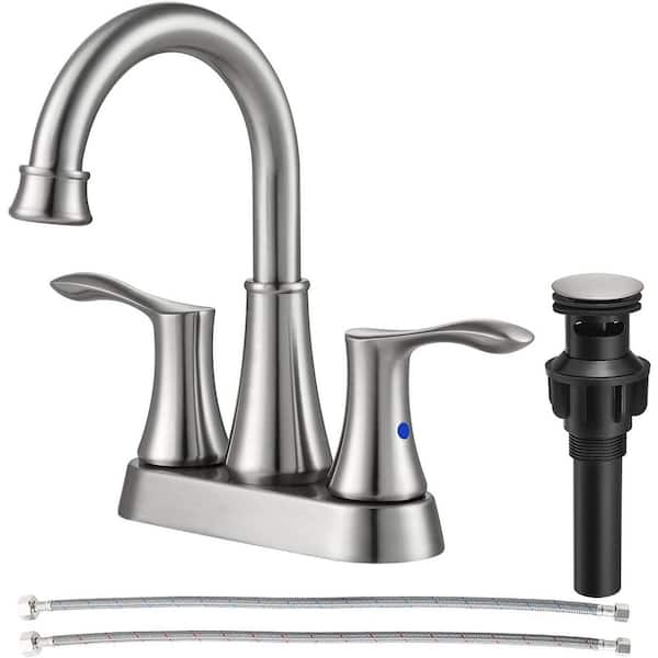 MTTCLE 4 in. Centerset Double Handle High Arc Bathroom Faucet with Drain Kit Included in Brushed Nickel