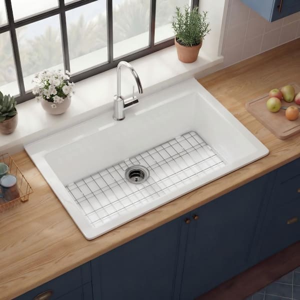 Fireclay Kitchen Sink 33 in. Drop in Topmount Single Bowl White Kitchen Sink 1 Faucet Hole with Bottom Grid and Strainer