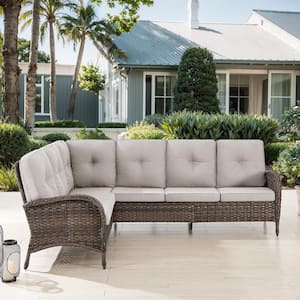 Brown Wicker Outdoor Sectional Sofa, 6-Seater L-Shaped Patio Couch with Beige Cushions, Rattan Conversation Set