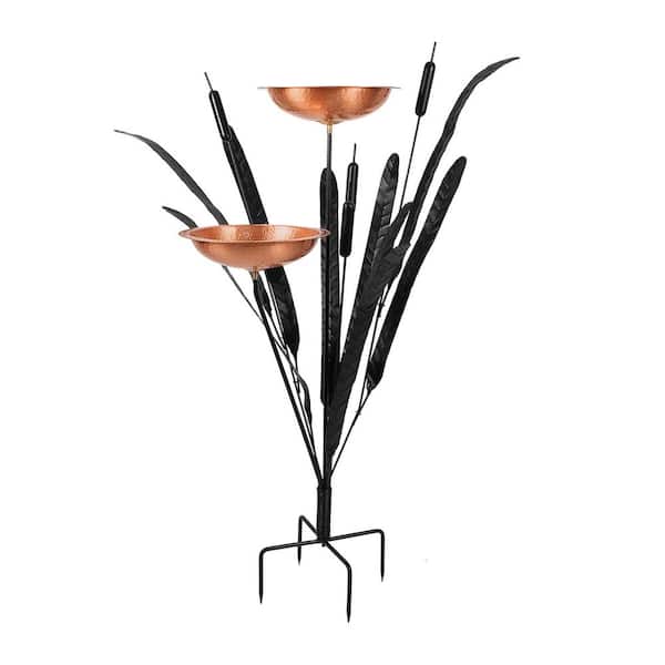 Double Cattail Birdbath With 2-Bowls and Stake, 50 in. Tall, Copper