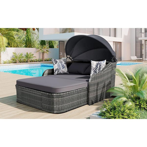 URTR PE Rattan Wicker Outdoor Day Bed Patio Double Lounge Chair Chaise Lounge Sunbed with Retractable Canopy Gray Cushion HY03270Y The Home Depot