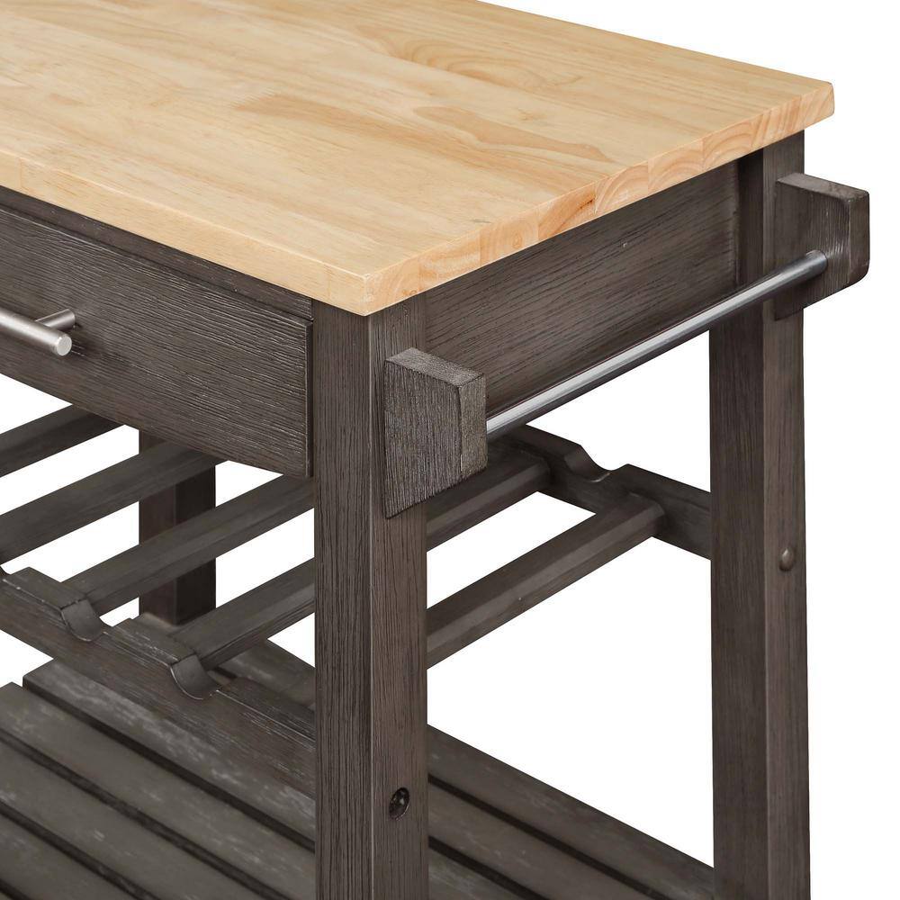 Gray Rubberwood Butcher Block Kitchen Cart with Wine Rack