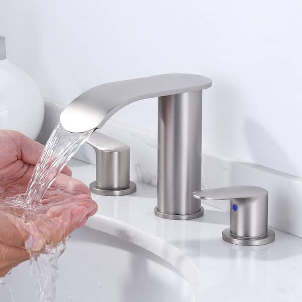 Stainless Steel 8 in. Widespread Double Handle Waterfall Bathroom Faucet with Drain and Supply Lines in Brushed Nickel