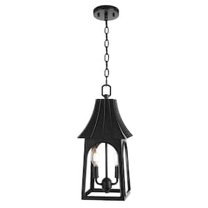 15 in. 2-Light Black Outdoor Pendant Light with Clear Glass