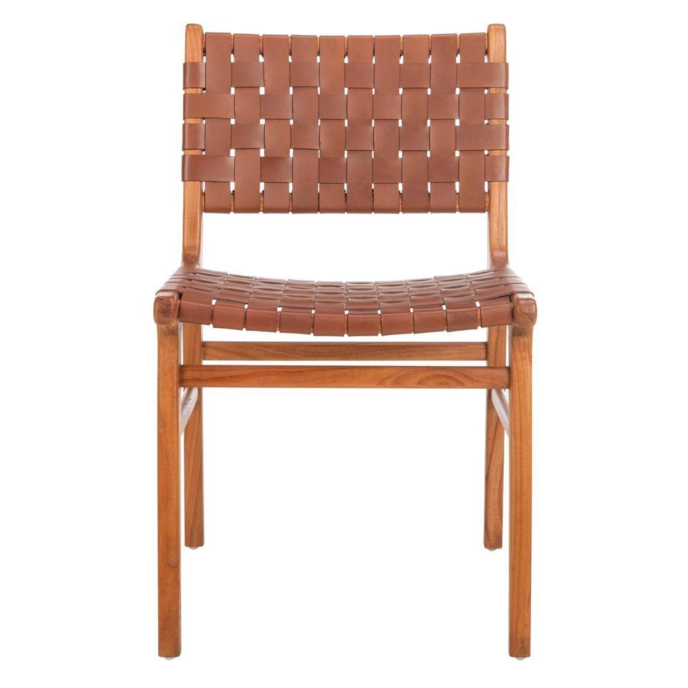 Cognac and Natural Woven Leather Side Chairs, Set of 2