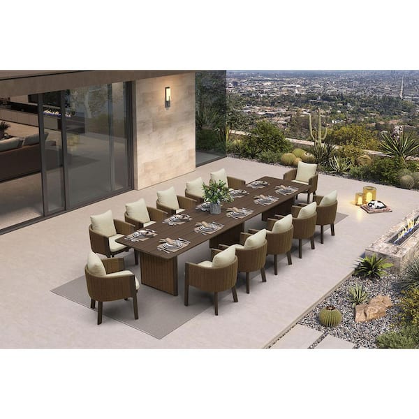 13-Piece Aluminum Outdoor Dining Set All-Weather Modern Rectangular Dining Table and Chairs with Olefin Cushions, Beige