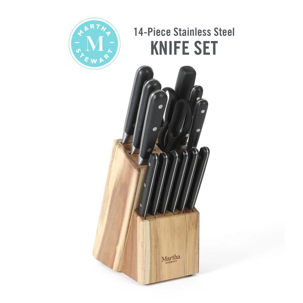 14-Piece Black Stainless Steel Knife Set with Acacia Block