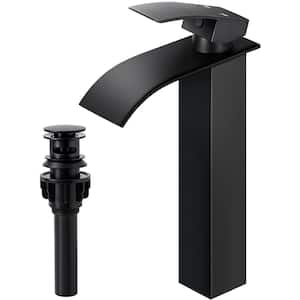 Single Hole Single-Handle Waterfall Vessel Sink Faucet with Pop-up Drain Kit Included in Matte Black