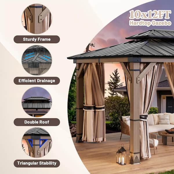 10 ft. x 12 ft. Fir Wood Gazebo with Galvanized Steel Hardtop Double Roof, Insect Screens and Privacy Curtains