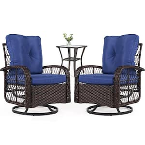 Natural Blue 3-Piece Wicker Outdoor Rocking Chair Set Outdoor Swivel Chairs with Blue Cushion