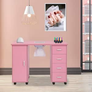 43 in. Pink MDF Manicure Nail Table Station 4-Drawers 1-Door with Fan Beauty Spa Desk Salon Equipment