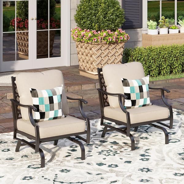 PHI VILLA Black Metal Meshed Frame Outdoor Patio Motion Lounge Chairs With Beige Cushions (2-Pack)