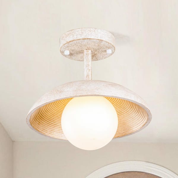 10.6 in 1-Light Wood-colored Farmhouse Semi-Flush Mount with Shade and No Bulbs Included