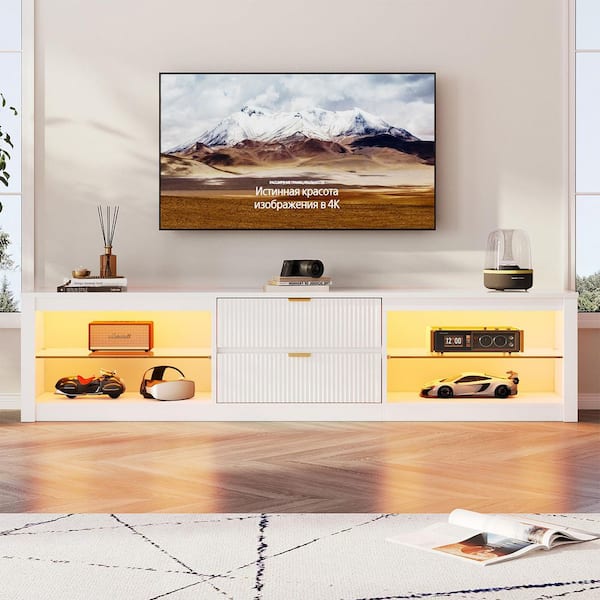 Modern Glossy White TV Stand Fits TVs up to 85 in. with RGB Lighting, Adjustable Shelves and 2-Fluted Drawers
